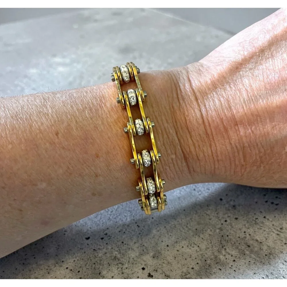 Stainless Steel Motorcycle Chain Bracelet Two Tone Gold Silver CZ Biker Link
